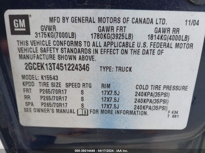 2005 Chevrolet Silverado 1500 Z71 VIN: 2GCEK13T451224346 Lot: 39214448