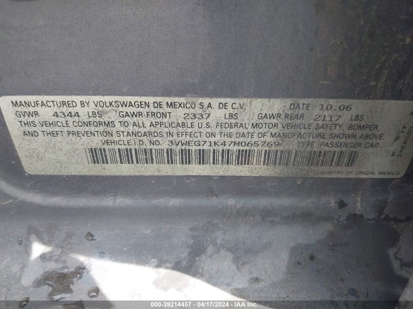 2007 Volkswagen Jetta Wolfsburg Edition VIN: 3VWEG71K47M065769 Lot: 39241167