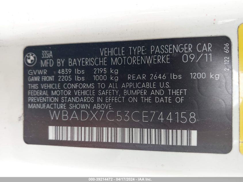 2012 BMW 335I VIN: WBADX7C53CE744158 Lot: 39241979