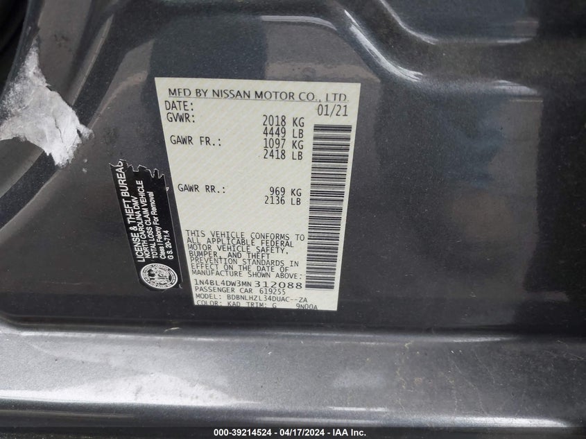 VIN 1N4BL4DW3MN312088 2021 NISSAN ALTIMA SV