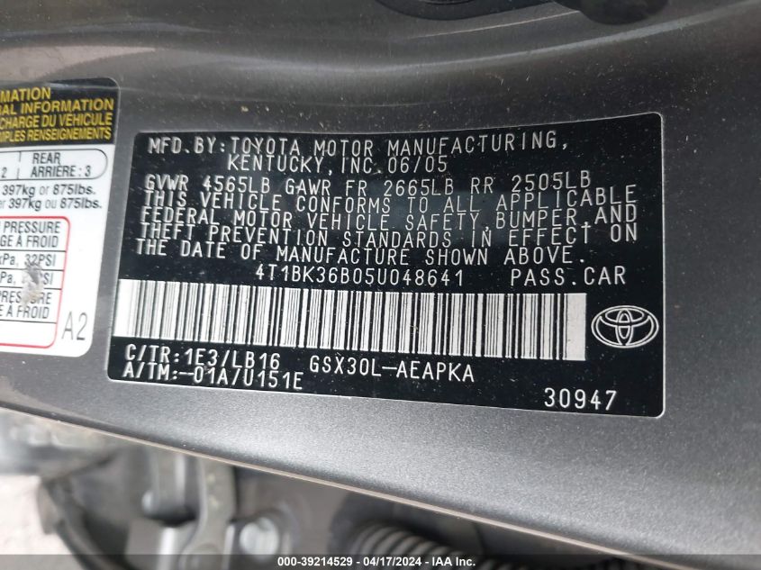 4T1BK36B05U048641 | 2005 TOYOTA AVALON