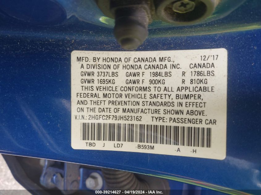 2018 Honda Civic Ex VIN: 2HGFC2F79JH523162 Lot: 39214627