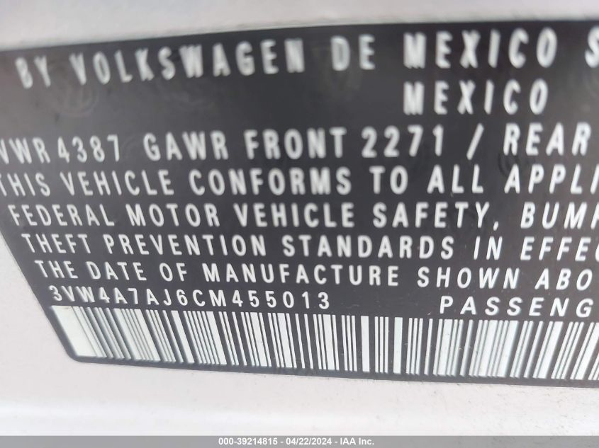 2012 Volkswagen Jetta Gli Autobahn W/Nav VIN: 3VW4A7AJ6CM455013 Lot: 39214815