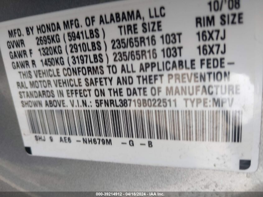 2009 Honda Odyssey Ex-L VIN: 5FNRL38719B022511 Lot: 39214912