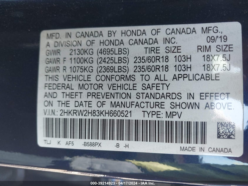 2019 HONDA CR-V EX-L - 2HKRW2H83KH660521