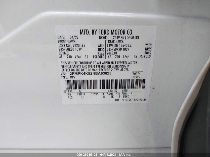 2022 Ford Edge Titanium VIN: 2FMPK4K92NBA63825 Lot: 49997624