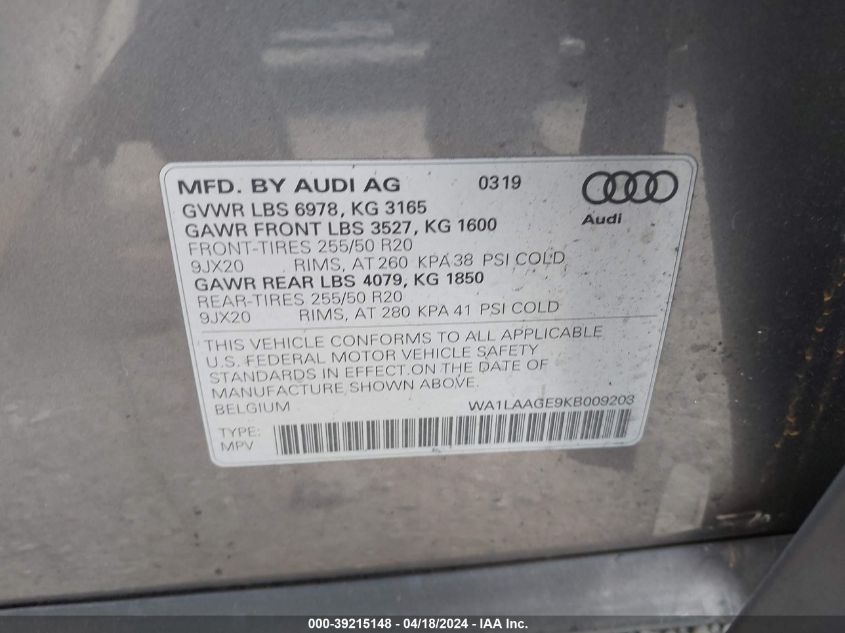 2019 Audi E-Tron Premium Plus VIN: WA1LAAGE9KB009203 Lot: 39215148