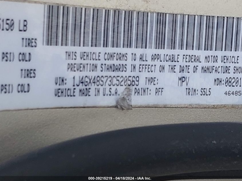 2003 Jeep Grand Cherokee Laredo VIN: 1J4GX48S73C520569 Lot: 39241947