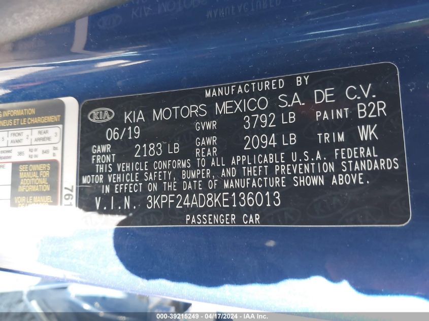 2019 KIA FORTE LXS - 3KPF24AD8KE136013