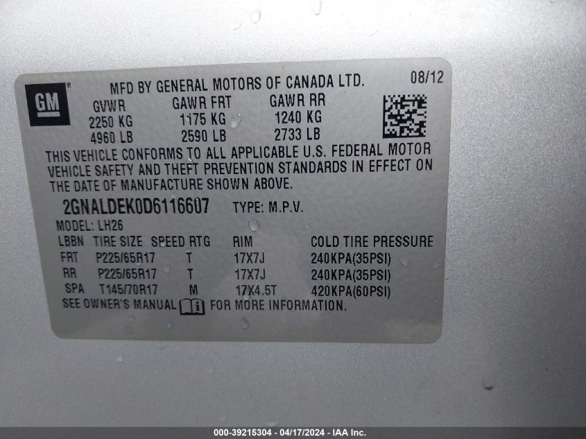 2013 Chevrolet Equinox 1Lt VIN: 2GNALDEK0D6116607 Lot: 39259082