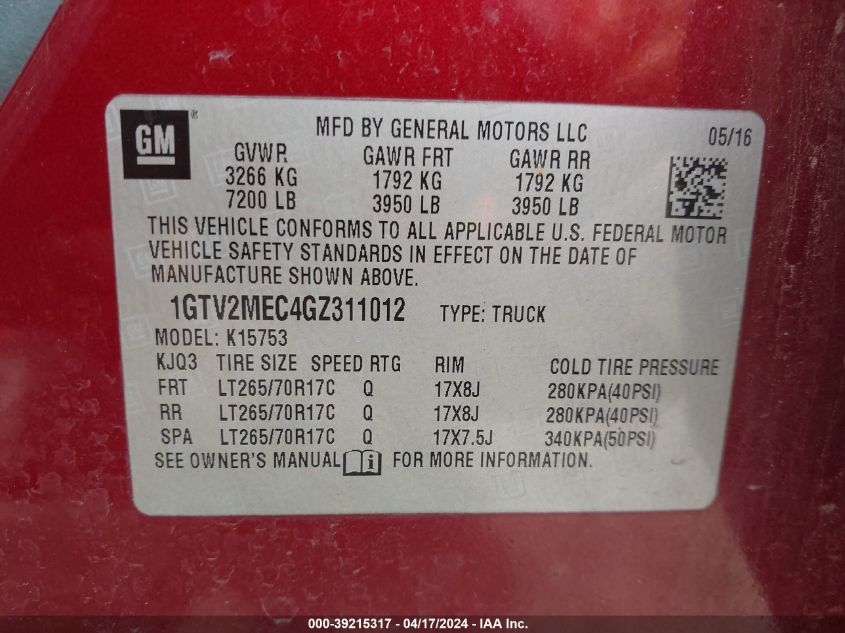 1GTV2MEC4GZ311012 2016 GMC Sierra 1500 Sle