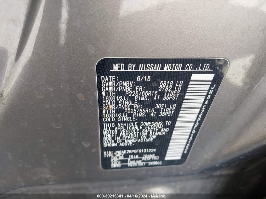 2015 NISSAN QUEST S/SV/SL/PLATINUM - JN8AE2KP0F9131224