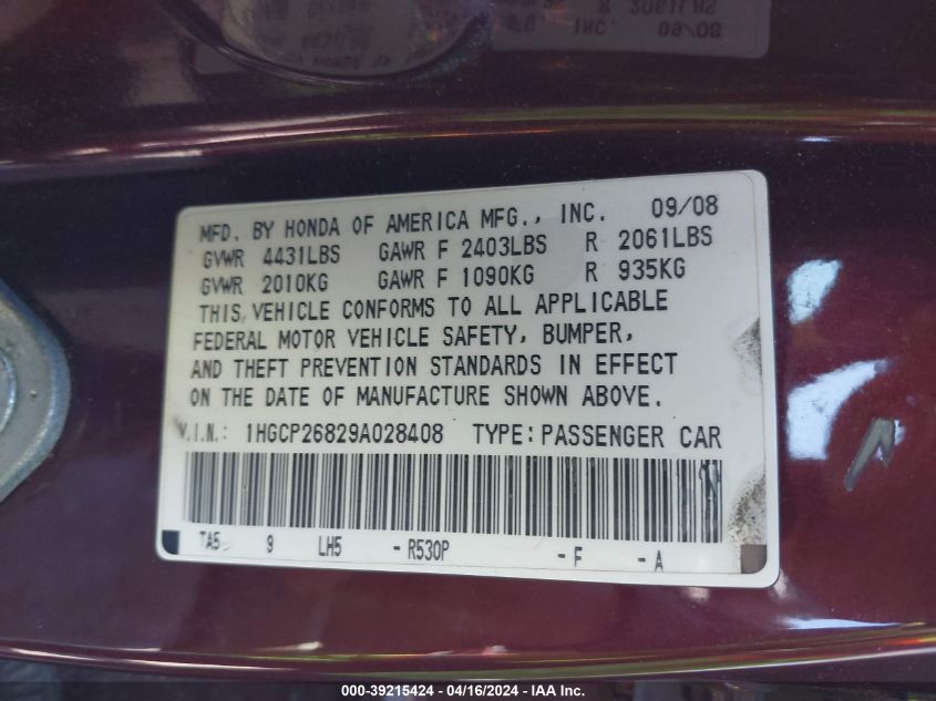 1HGCP26829A028408 | 2009 HONDA ACCORD