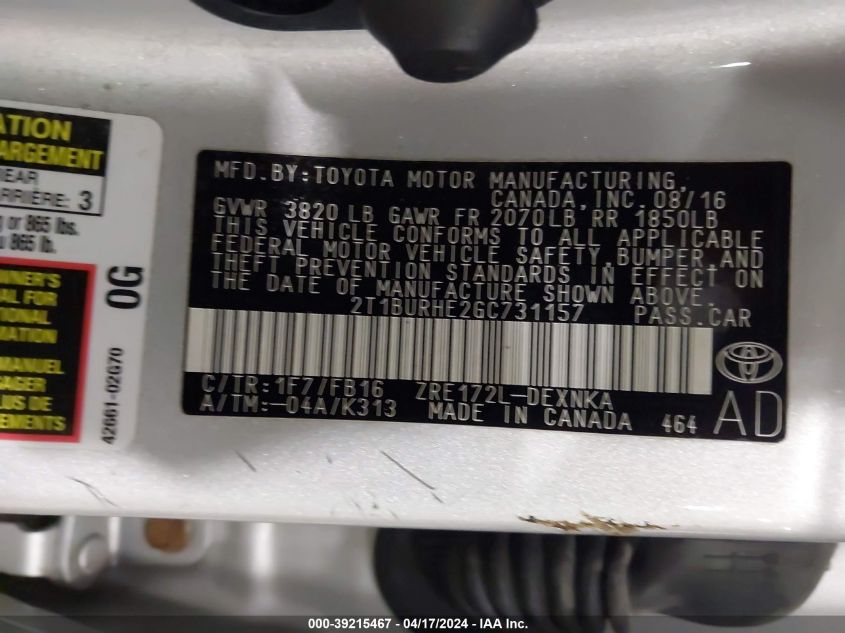 2016 TOYOTA COROLLA LE - 2T1BURHE2GC731157