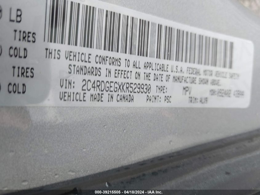 2019 Dodge Grand Caravan Gt VIN: 2C4RDGEGXKR529930 Lot: 39215505