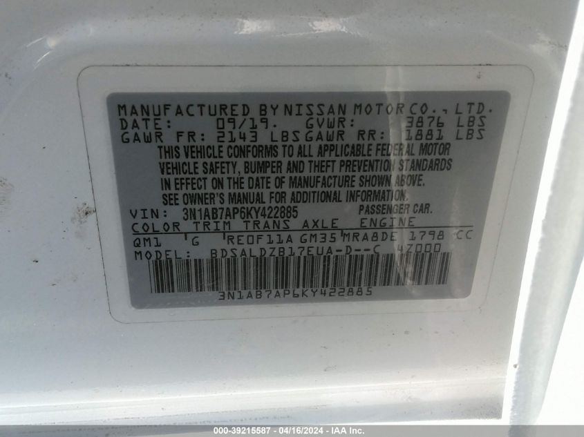 3N1AB7AP6KY422885 | 2019 NISSAN SENTRA