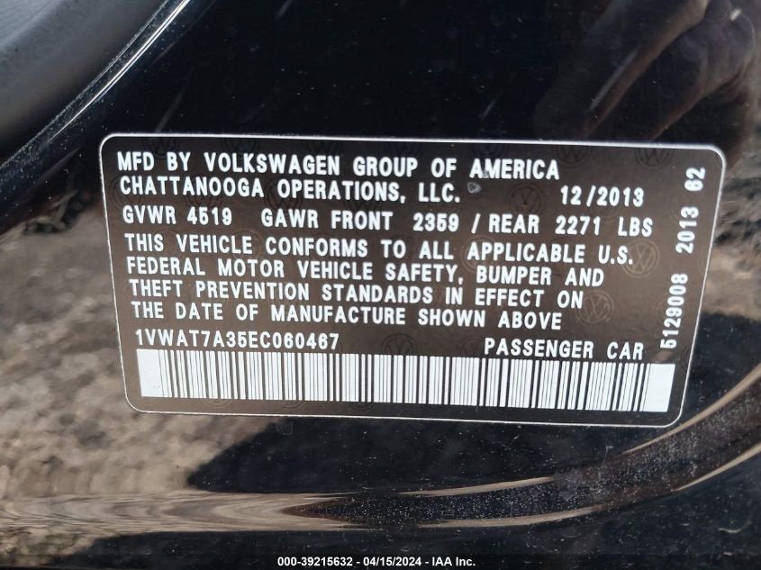 1VWAT7A35EC060467 | 2014 VOLKSWAGEN PASSAT