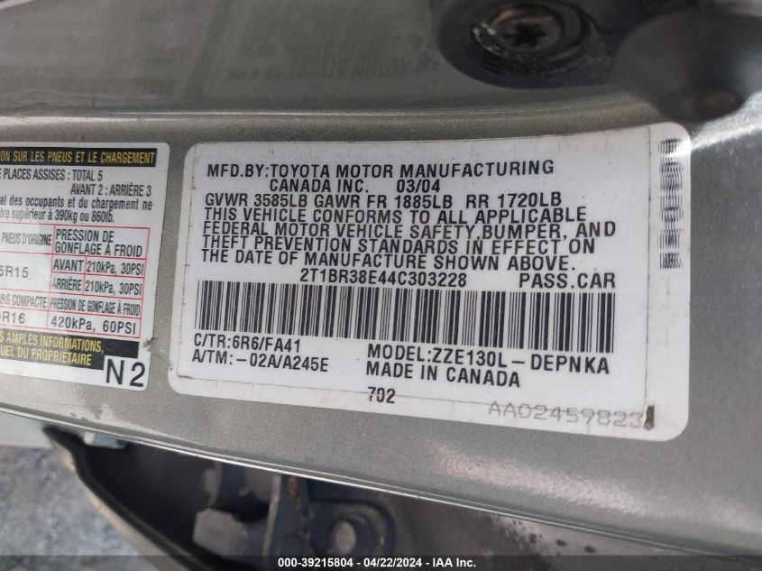 2004 Toyota Corolla Le VIN: 2T1BR38E44C303228 Lot: 39215804