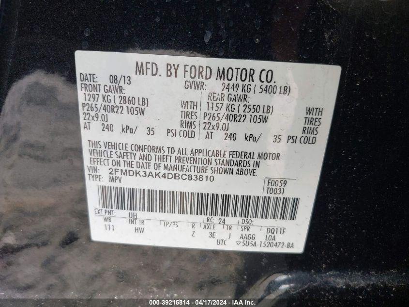 2FMDK3AK4DBC83810 2013 Ford Edge Sport