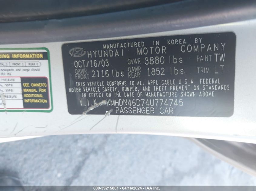 KMHDN46D74U774745 | 2004 HYUNDAI ELANTRA