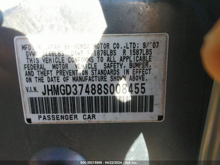 2008 Honda Fit VIN: JHMGD37488S008455 Lot: 39215888