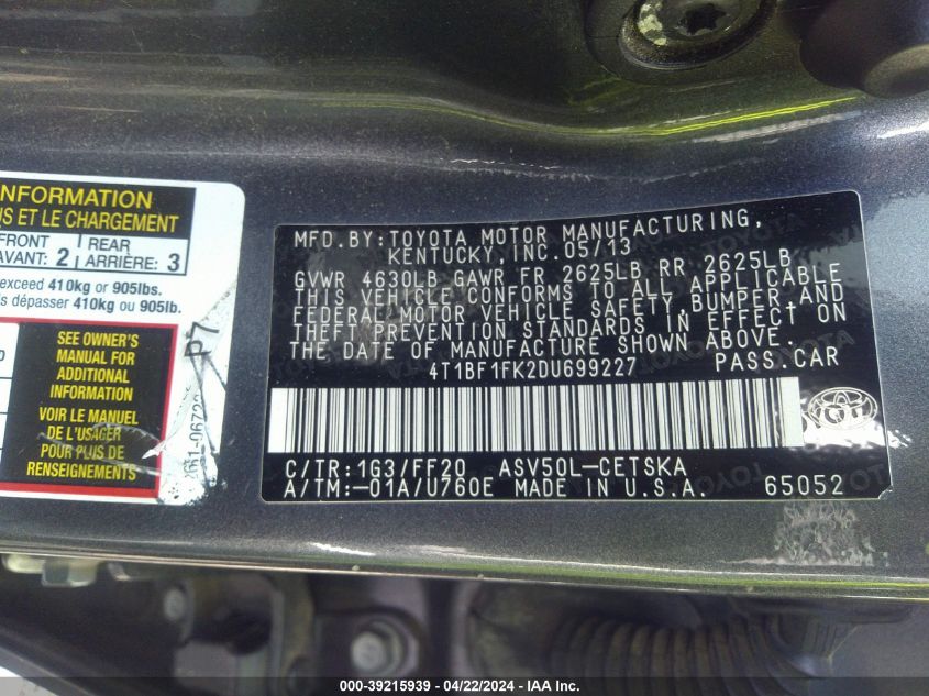 2013 Toyota Camry Se VIN: 4T1BF1FK2DU699227 Lot: 45285064