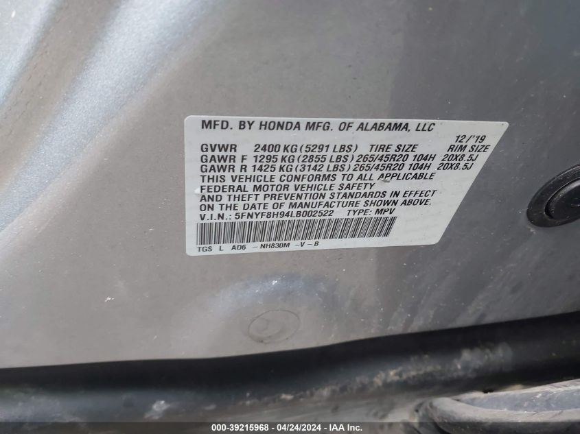 5FNYF8H94LB002522 2020 Honda Passport Awd Touring