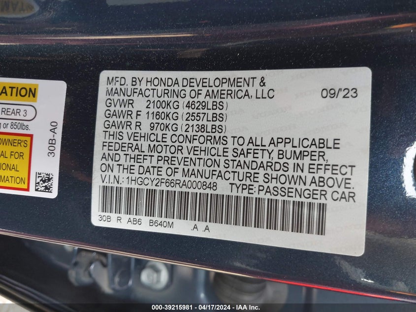VIN 1HGCY2F66RA000848 2024 HONDA ACCORD HYBRID EX-L