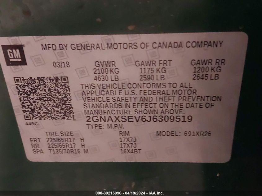 2018 Chevrolet Equinox Lt VIN: 2GNAXSEV6J6309519 Lot: 39215996