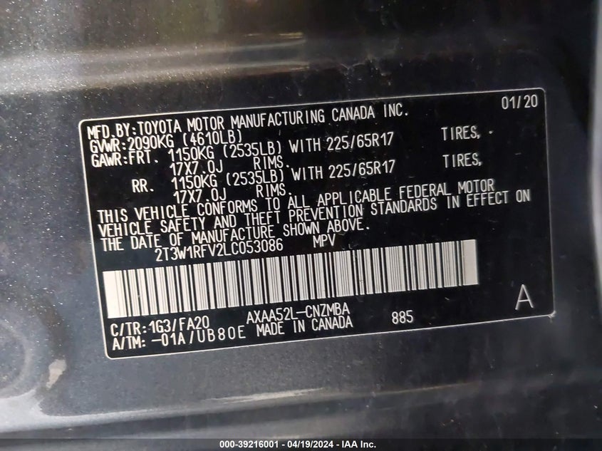 VIN 2T3W1RFV2LC053086 2020 TOYOTA RAV4 XLE
