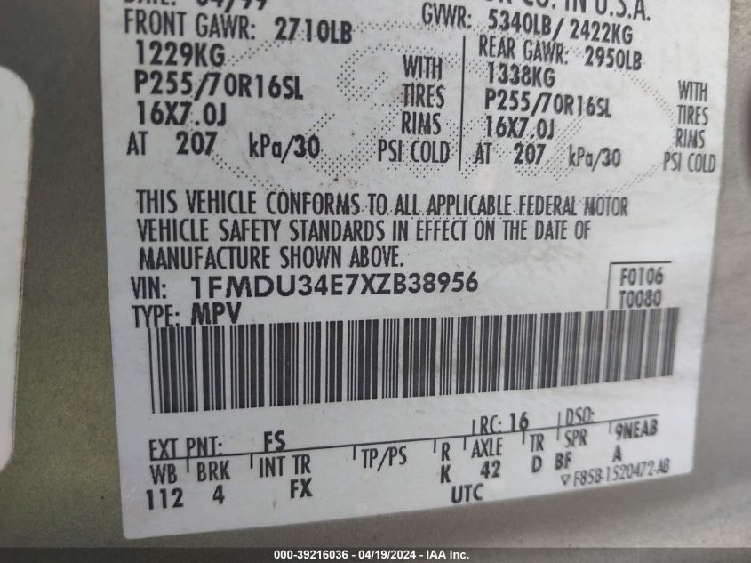 1999 Ford Explorer Eddie Bauer/Limited/Xlt VIN: 1FMDU34E7XZB38956 Lot: 39216036