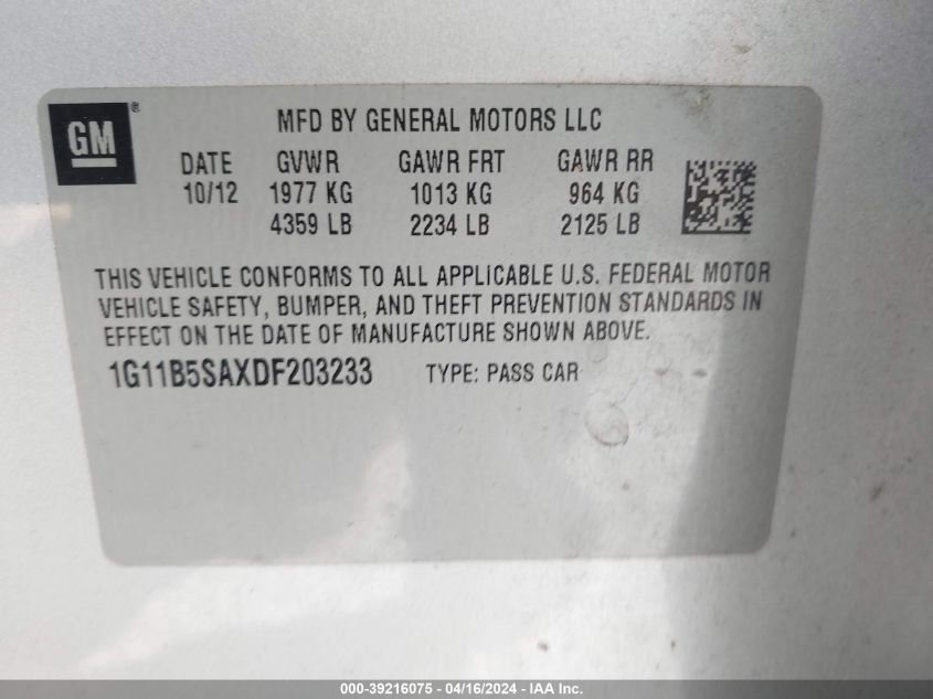 1G11B5SAXDF203233 | 2013 CHEVROLET MALIBU