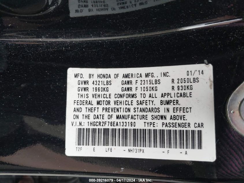 1HGCR2F76EA133190 | 2014 HONDA ACCORD