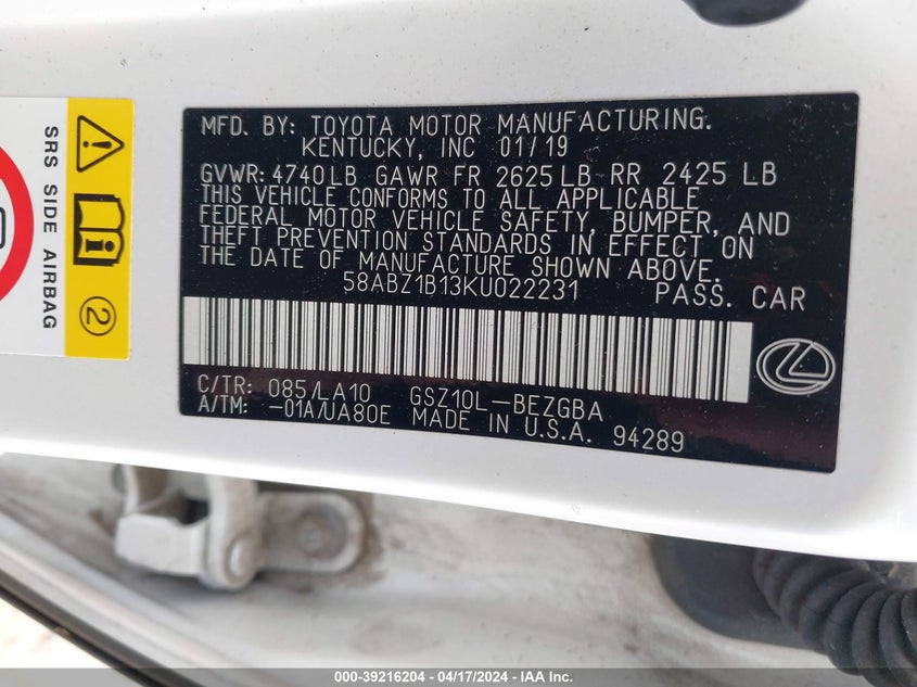 VIN 58ABZ1B13KU022231 2019 LEXUS ES 350