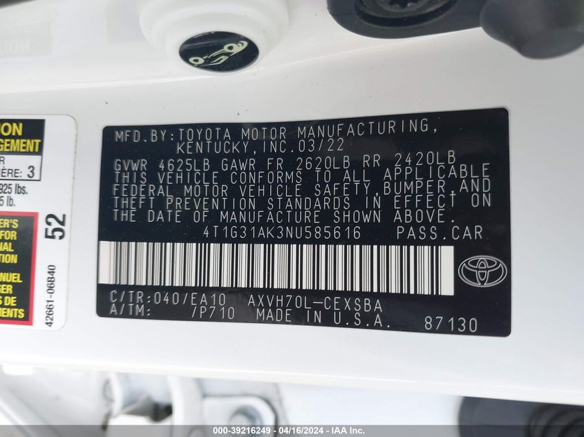 2022 TOYOTA CAMRY SE HYBRID - 4T1G31AK3NU585616
