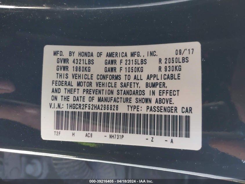 2017 HONDA ACCORD VIN: 1HGCR2F52HA296826
