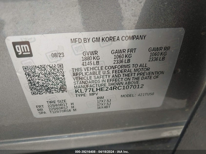 VIN KL77LHE24RC107012 2024 CHEVROLET TRAX FWD LT