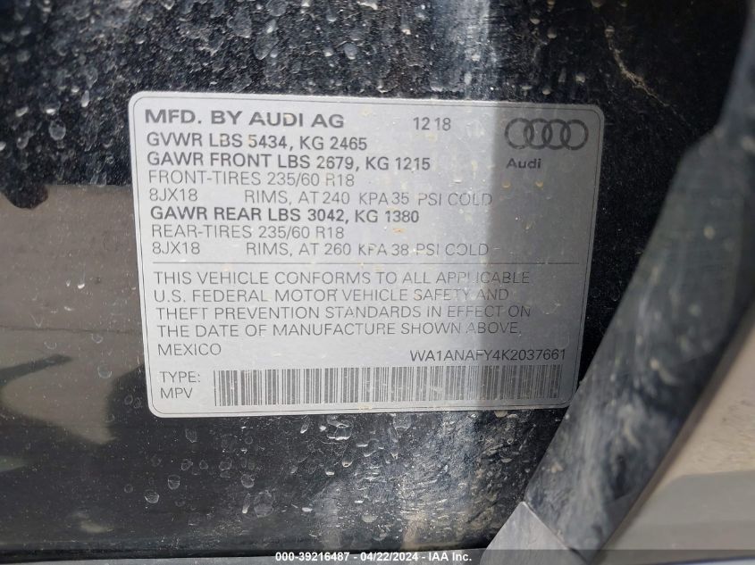 WA1ANAFY4K2037661 2019 Audi Q5 45 Premium