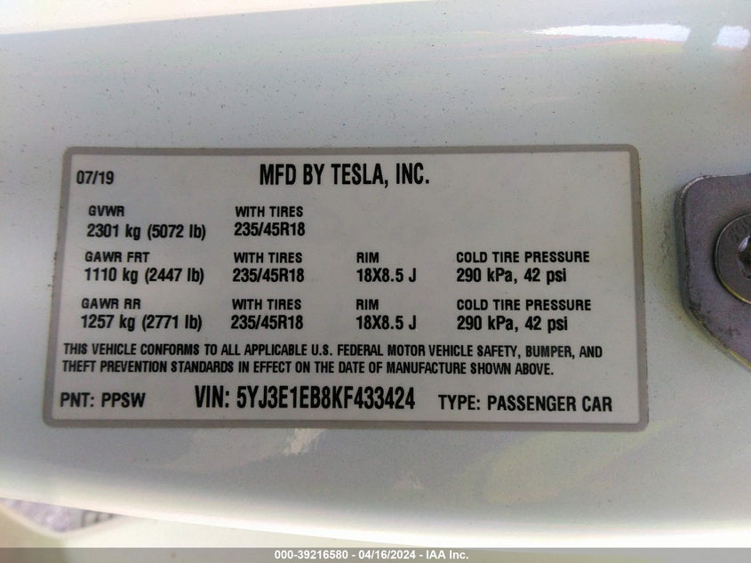 VIN 5YJ3E1EB8KF433424 2019 TESLA MODEL 3 LONG RANGE/PERFORMANCE