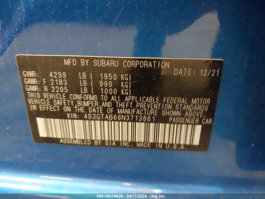 VIN 4S3GTAB66N3713861 2022 SUBARU IMPREZA BASE 5-DOOR