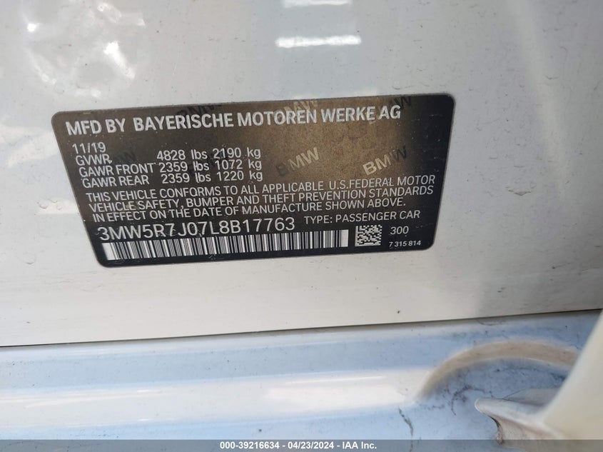 2020 BMW 330I VIN: 3MW5R7J07L8B17763