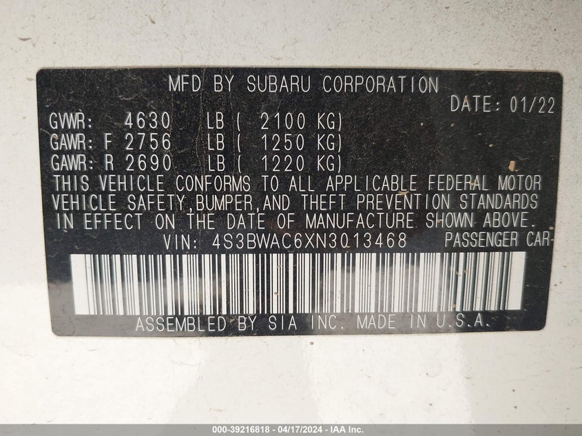 VIN 4S3BWAC6XN3013468 2022 SUBARU LEGACY PREMIUM