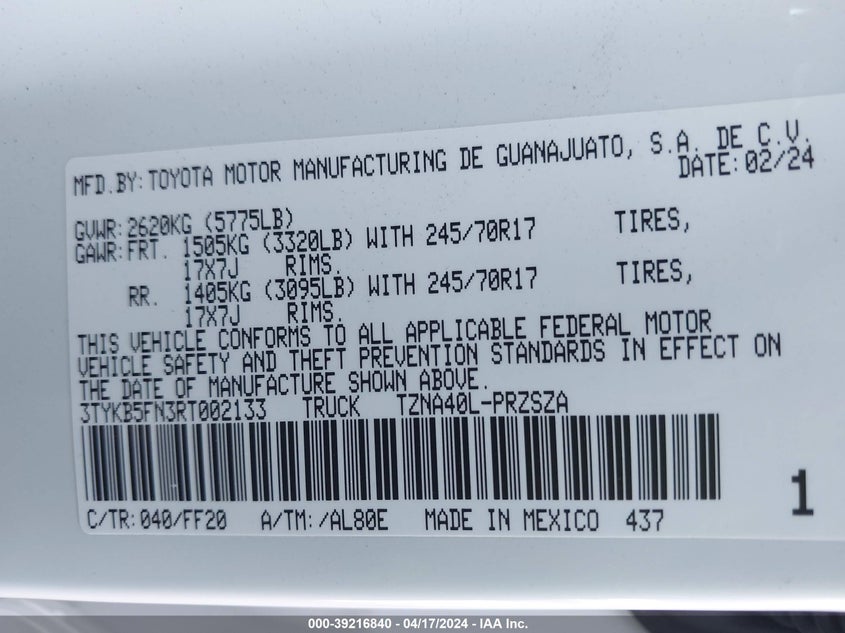 VIN 3TYKB5FN3RT002133 2024 TOYOTA TACOMA DOUBLE CAB/SR5/TRD SPORT