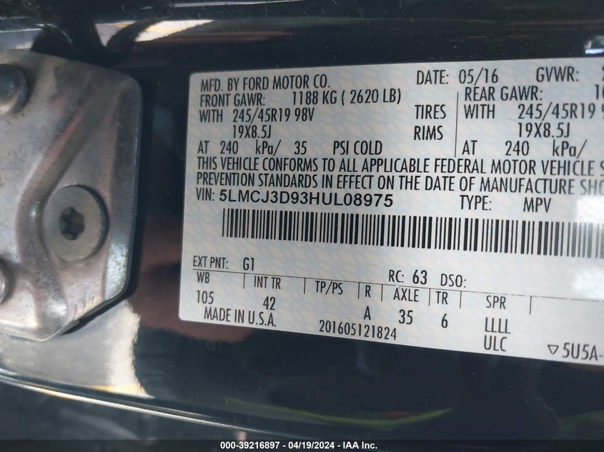 VIN 5LMCJ3D93HUL08975 2017 LINCOLN MKC RESERVE
