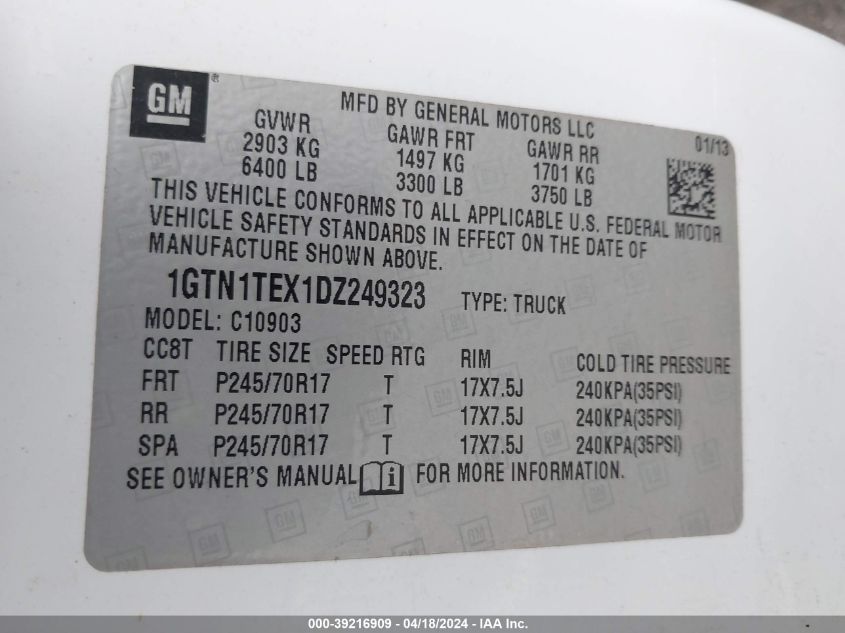 2013 GMC Sierra 1500 Work Truck VIN: 1GTN1TEX1DZ249323 Lot: 39216909