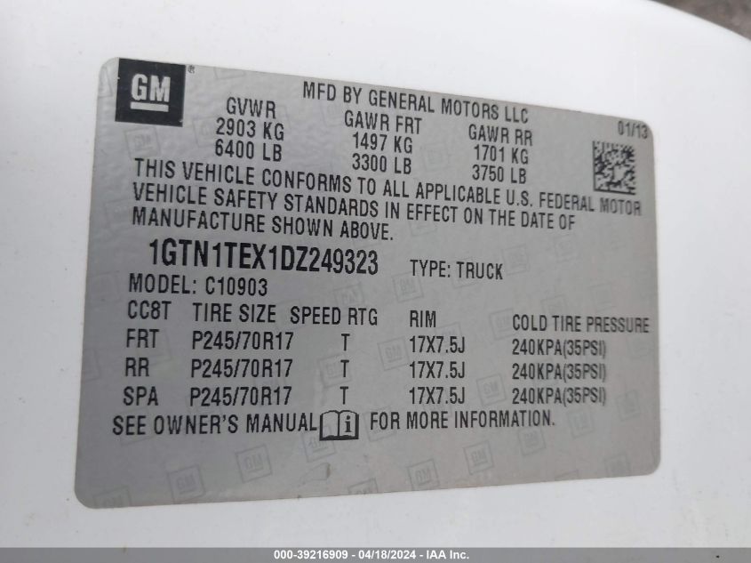 2013 GMC Sierra 1500 Work Truck VIN: 1GTN1TEX1DZ249323 Lot: 39228756