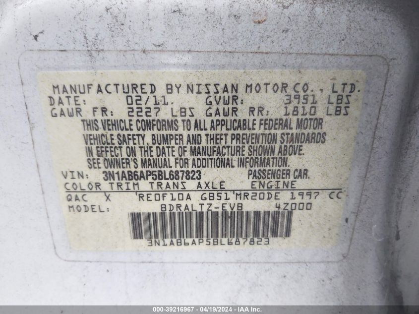 2011 Nissan Sentra 2.0Sr VIN: 3N1AB6AP5BL687823 Lot: 39231848