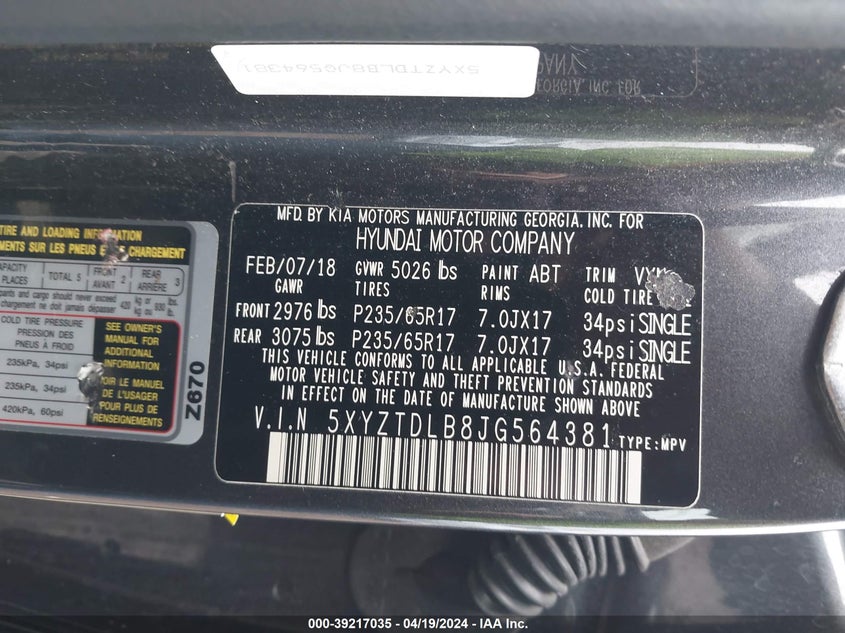 2018 Hyundai Santa Fe Sport 2.4L VIN: 5XYZTDLB8JG564381 Lot: 39217035