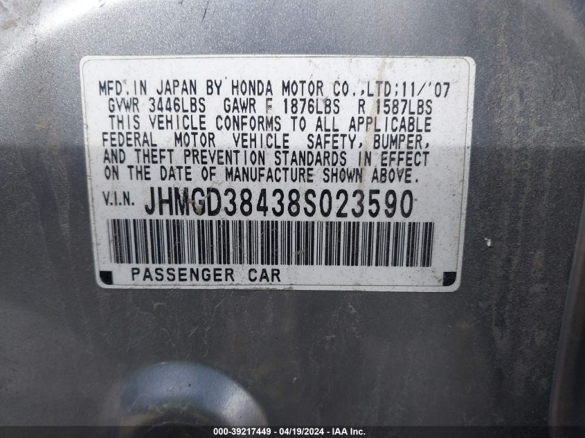 JHMGD38438S023590 2008 Honda Fit