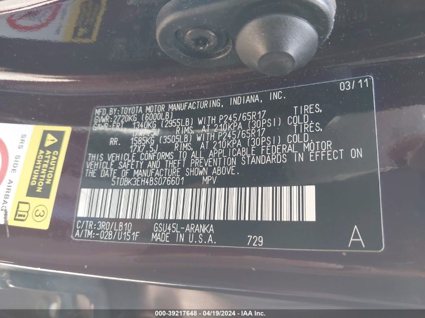 2011 Toyota Highlander Se V6 VIN: 5TDBK3EH4BS076601 Lot: 39217648